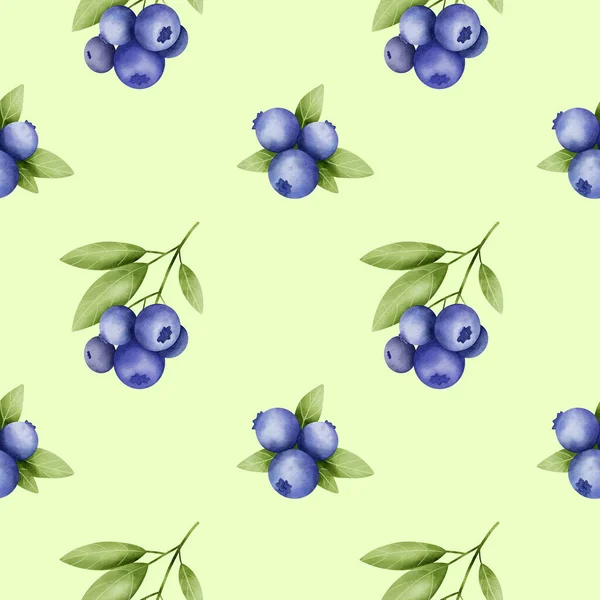 Blueberry sprig seamless pattern with light green background. Digital watercolor design for fabric, print