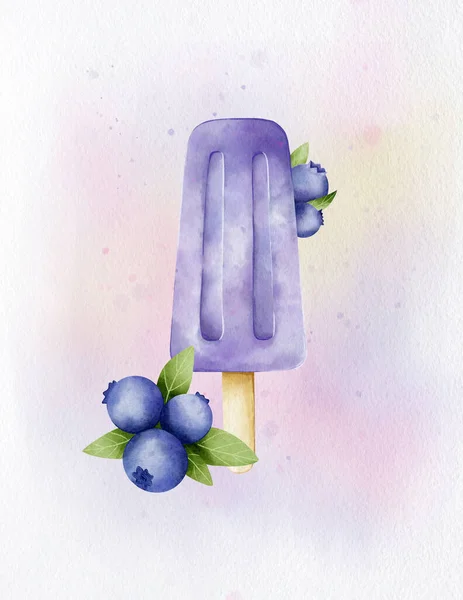 Jégkrém Egy Pálcikán Áfonyával Jégkrémmel Egészséges Desszert Digitális Akvarell Tervezés — Stock Fotó