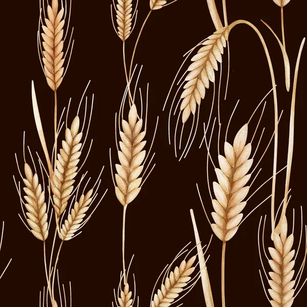 褐色背景小麦小穗的数字水色无缝图案 纺织品设计 — 图库照片