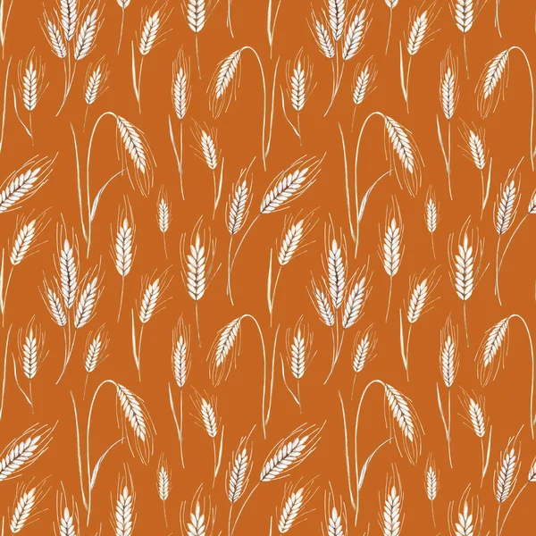 stock image Digital watercolor seamless pattern of wheat spikelets. Design with orange background  for print, textile design, paper. Wheat spica, oats spikelet 