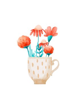 İçinde kır çiçekleri olan bir buket. Çiçek desenli Retro kart. Dijital suluboya