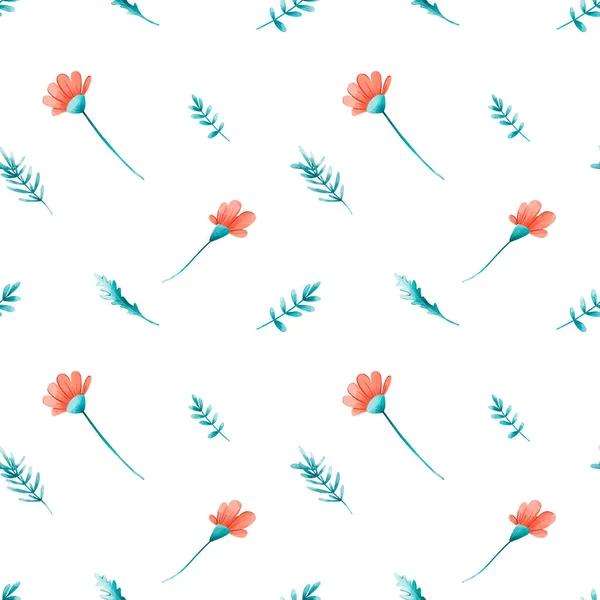 Floral pattern with wildflowers and leaves. Minimal style. Digital watercolor illustration
