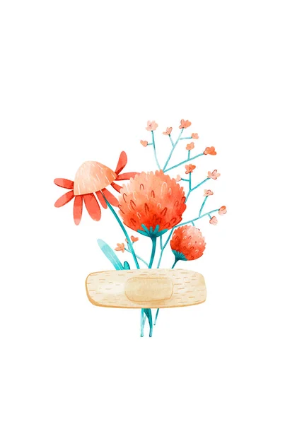 野の花とバンドエイドで花束 花のデザインのレトロカード デジタル水彩画 — ストック写真