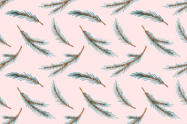 Parmak izi, kumaş ve ambalaj kağıdı için açık pembe arkaplanda Noel ağacı deseni var. Dijital suluboya çizimi