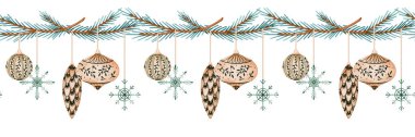 Noel ağacı ile sınır ve süs ile dekoratif toplar. Tatiller, yeni yıl ve beyaz arka planda Noel için bir model. Dijital suluboya çizimi 