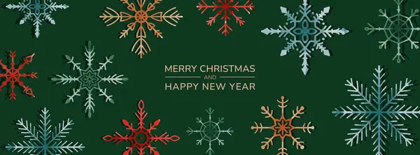 Kar taneli yatay pankart. Mutlu Noeller ve mutlu yıllar. Tatillerle dolu kartpostallı selamlar. Yeşil arka plan. Yazdırma için dijital suluboya tasarımı