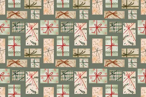 Seamless pattern with present boxes with ribbon for holidays, birthdays, New Year and Christmas. Digital watercolor with decorative ornament