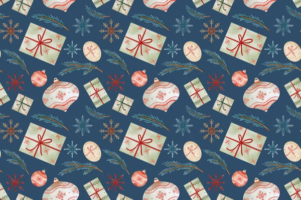 Pattern for holidays, New Year. Christmas tree and ball with ornament, gift box on the blue background. Digital watercolor design in vintage style