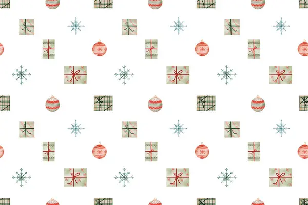 Watercolor pattern with present boxes with ribbon, Christmas ball, and snowflakes for holidays, birthdays, New Year, and Christmas. Vintage style