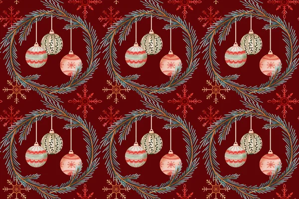 Watercolor pattern with wreath of Christmas tree and balls and snowflakes on the red background. Xmas ornament illustration for print, wrapping, paper.