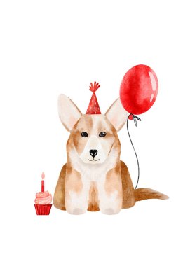 Balonlu karikatür köpek yavrusu Corgi, köpek partisi davetiyesi, basım için doğum günü kartı. Dijital suluboya tasarımı