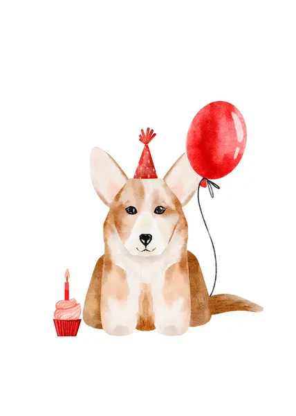 Cartoon puppy corgi with balloon, invitation for dog party, happy birthday card for print. Digital watercolor design