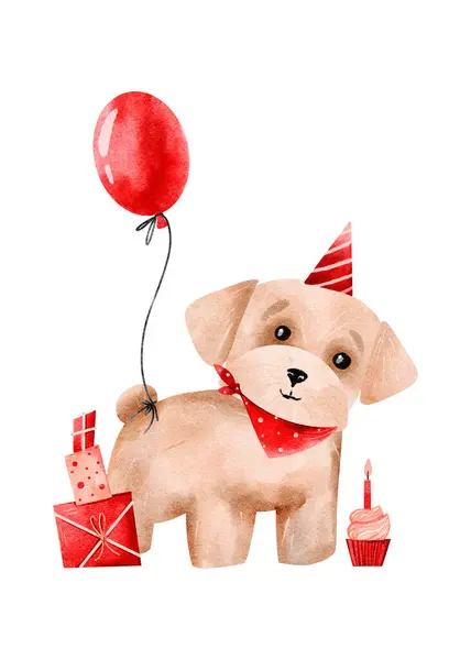 Cartoon puppy maltipoo with balloon, invitation for dog party, happy birthday card for print. Digital watercolor design