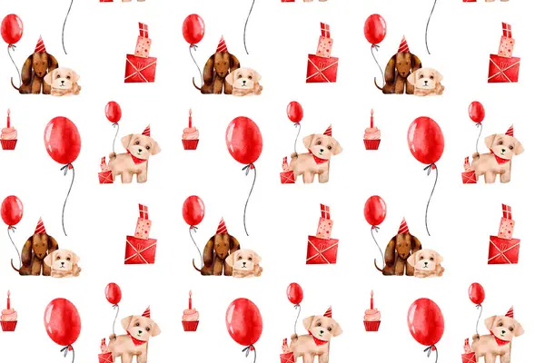 Cartoon pattern with puppy maltipoo, dachshund with red balloon, cupcake, presents, invitation for dog party, happy birthday background. Digital watercolor design