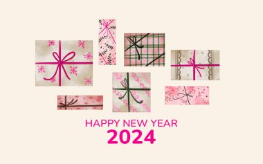 Yeni yılınız kutlu olsun. Hediyelerle ve hediye kutularıyla. Tatil tasarımı baskısı, kağıt. Dijital suluboya çizimi