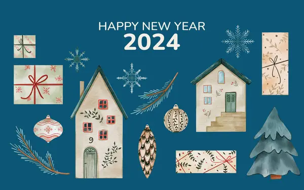 Banner with spruce branches, houses, snowflake and Christmas balls for Happy New Year 2024. Holiday design print, paper. Digital watercolor illustration