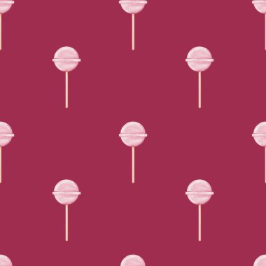 Dekorasyon, kumaş, tekstil ve kart için pembe lolipop deseni. Lezzetli tatlılar, Dijital suluboya resimleme