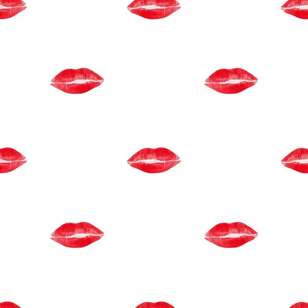 Beautiful abstract pattern with print of lips kiss on the white background for Valentines day, fabric, paper. Digital watercolor illustration