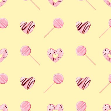 Sevgililer Günü için pembe lolipop ve kalp şeklinde kurabiyeler, dekorasyon, kumaş, tekstil, kart. Lezzetli tatlılar, Dijital suluboya resimleme