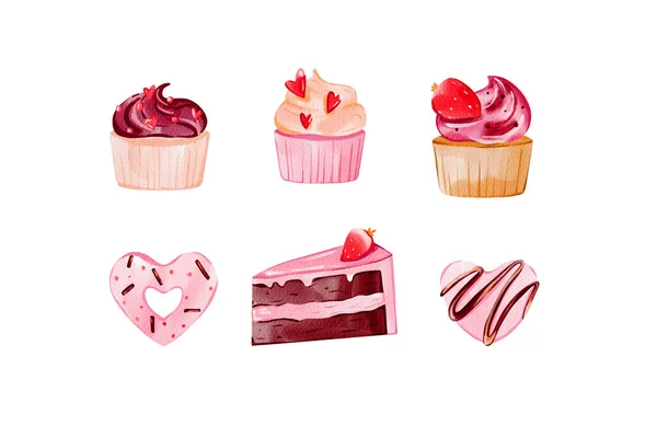Set of sute cupcake, heart-shaped cookies and chocolate cake any design, print, Valentine\'s Day, girl party, bithday. Delicious sweets, Digital watercolor illustration