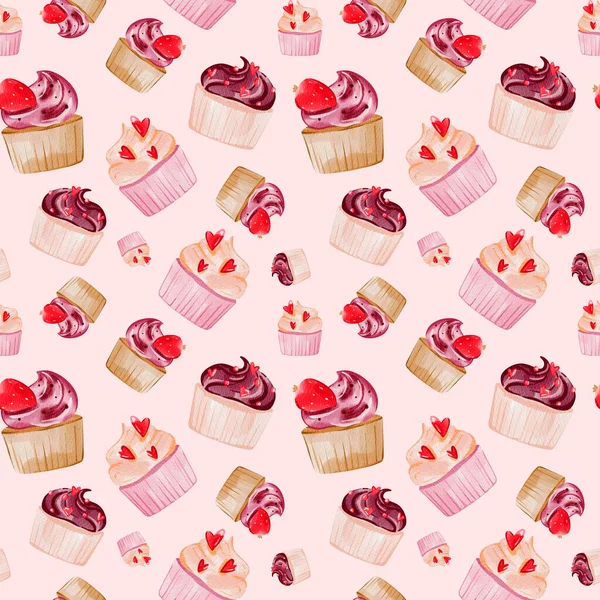 Fun pattern with pink cupcake for Valentines day, decoration, fabric, textile, card. Delicious sweets, Digital watercolor illustration