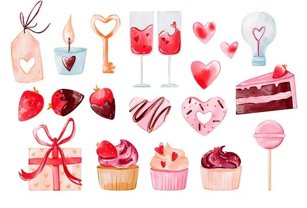 Big Set Valentine Day Strawberry Glass Wine Present Cute Cupcake — Stock Photo, Image