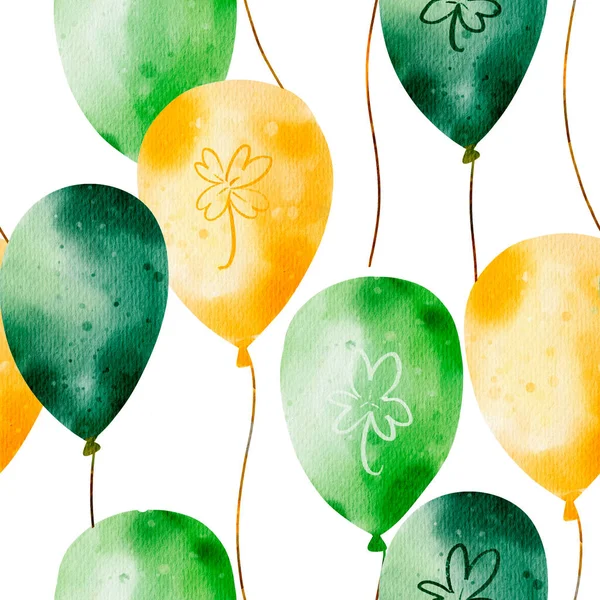 Balloons pattern with clover in green and orange colors isolated white background, decoration for st. Patrick\'s day, Irish holiday. Digital watercolor illustration