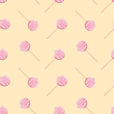 Dekorasyon, kumaş, tekstil ve kart için pembe lolipop. Lezzetli tatlılar sarı arka plan, Dijital suluboya çizimi