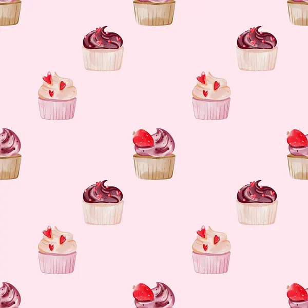 Pattern for birthday, Valentines day, holiday with pink cupcake for decoration, fabric, textile, card. Delicious sweets, Digital watercolor illustration