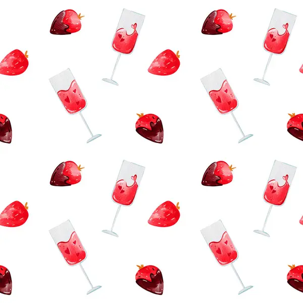Romantic pattern with glass of wine and chocolate covered strawberries for Valentines day on the white background, fabric, paper any design. Digital watercolor illustration