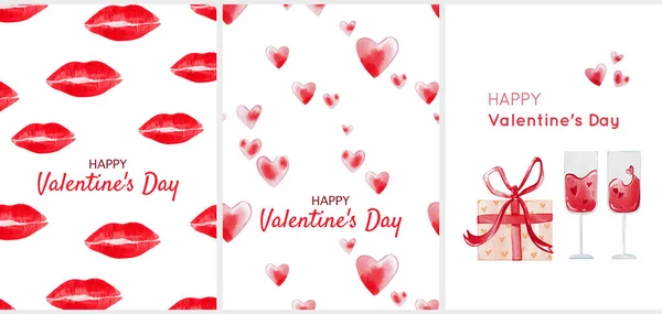 Set of postcard Happy Valentines Day - vertical postcard with red lipstick kiss and glass of wine, hearts for print, 14 february. Digital watercolor illustration