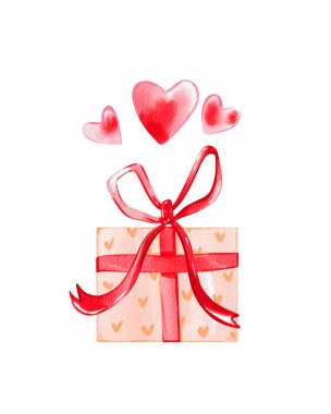 Sevgililer günü için kalplerle dolu bir hediye kutusu, doğum günü. Dijital suluboya çizimi