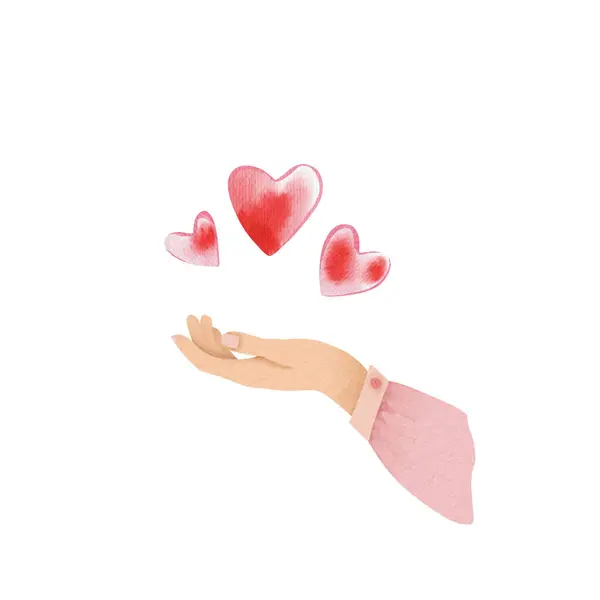 Female hand holding hearts, symbol of giving peace and love isolated on the white background. Digital watercolor illustration