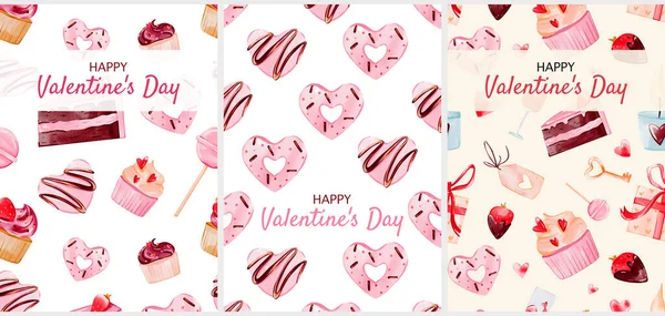 Set of postcard Happy Valentines Day - vertical postcard with heart-shaped cookies, cupcake, sweets, hearts for print, 14 february. Digital watercolor illustration