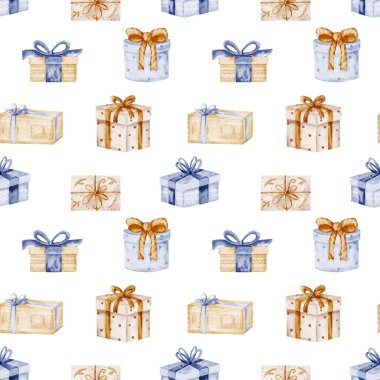 Noel Suluboya Hediye Kutusu Deseni: Ayrı Mavi ve Bej Fiyonklu Sunar, Pastel Bayram Kutlama Tasarımı