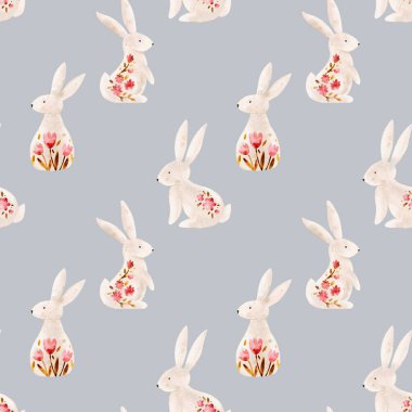 İlkbahar Sembolleri ve Çiçek Dekorasyonları içeren Resimli Paskalya Tavşanı Şablonu Şablonu