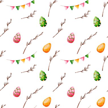 Paskalya Yumurtası ve Bunting Bayrakları Su Boyası Kusursuz Şenlikli Söğüt Mühürlü Bahar Tasarımı