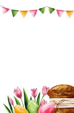 Hristiyan Paskalya tebrik kartı. Renkli bir suluboya sanat eserine sahip sembolik yumurta ve çiçekler..