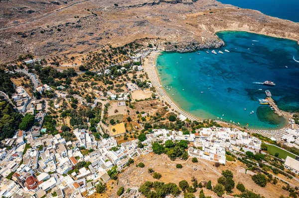 Lindos Beach Acropolis Rhodosu Řecko — Stock fotografie