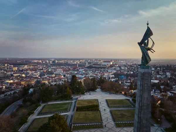 Aerial Drone View Slavin Memorial Monument Military Cemetery Sunset Bratislava — Stock Photo, Image