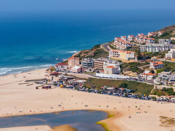 Panoramic aerial view of the lagoon of Obido in the city of Foz do Arelho and the Atlantic Ocean. Portugal