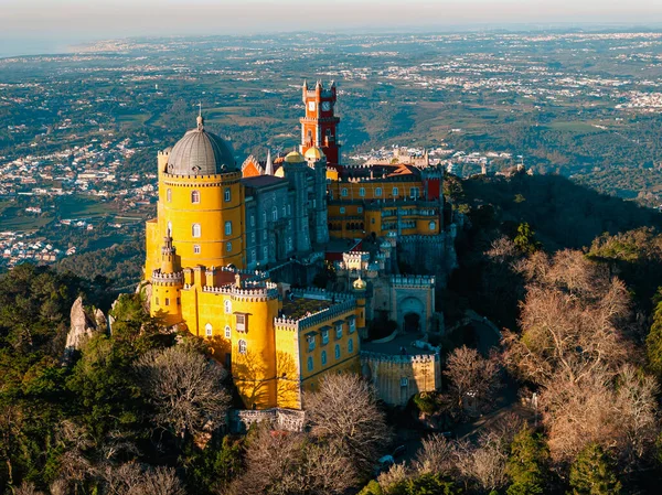 Aerial Drone View Park National Palace Pena Sintra Portugal Stock Photo