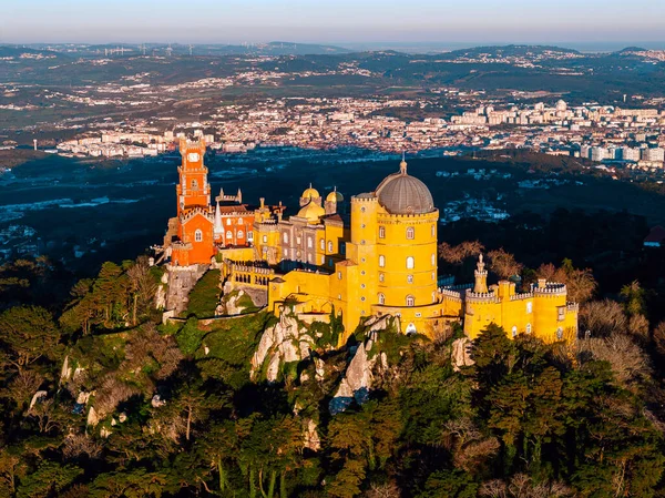 Aerial Drone View Park National Palace Pena Sintra Portugal Stock Image