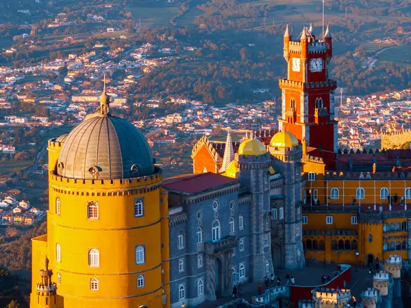 Aerial Drone View Park National Palace Pena Sintra Portugal Stock Photo