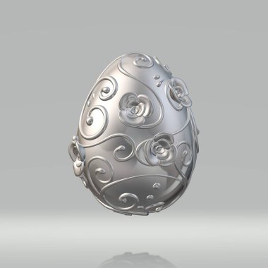 3 boyutlu paskalya yumurtası, gri arkaplanda çiçek desenli. Paskalya konsepti.