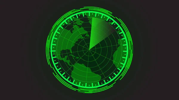 Green radar screen on black background. HUD Interface design illustration. Screen with a world map.