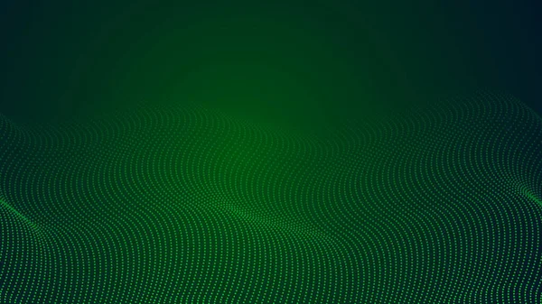 Abstract green color digital particles wave with dust and light background illustration.