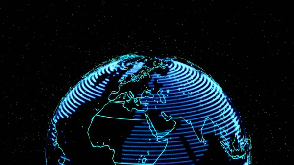 Abstract digital technology world map with abstract starry sky on black background.