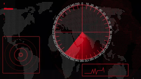 Digital technology red color radar screen with radio wave dots particles combined world map.
