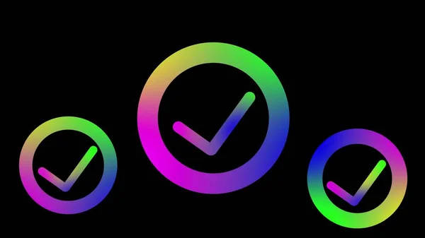 Abstract rainbow color triple circle successful icon, checked Icon, tick mark icon on black background.